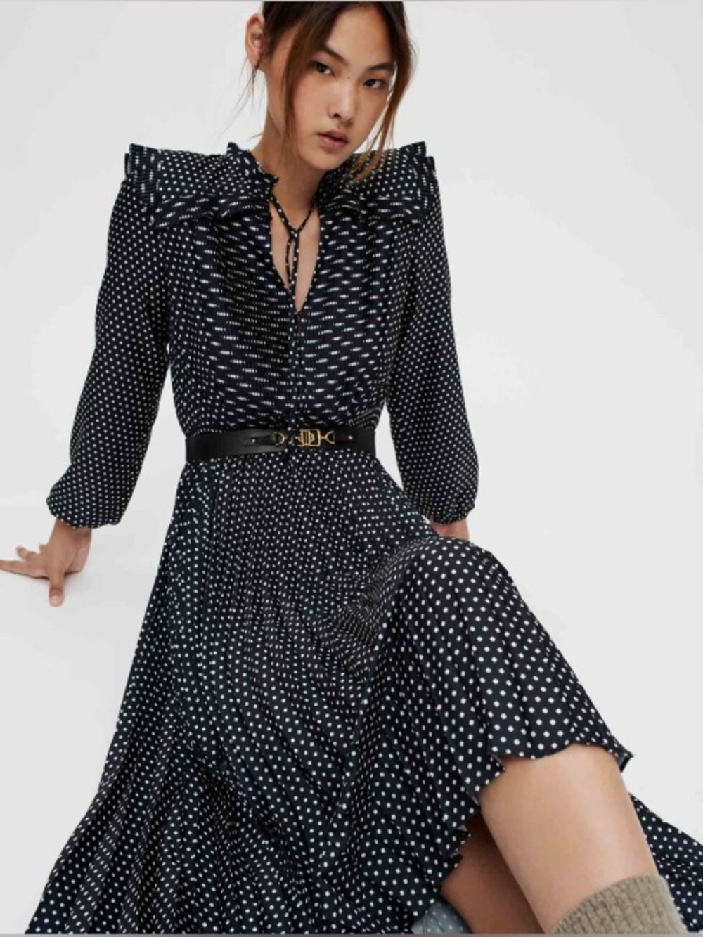 Maje Clover Polka Dot Long Sleeve Asymmetric Midi Dress